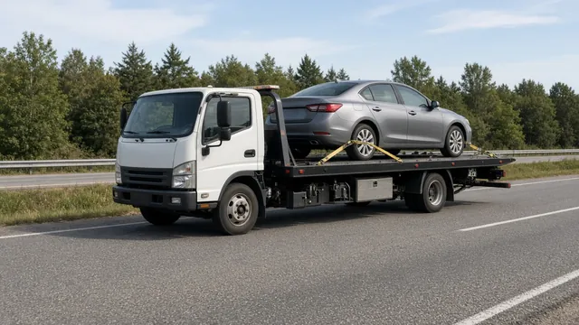 Car secured on a flatbed tow truck with all four wheels supported on the transport deck
