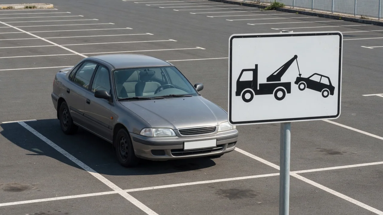 Parked car beside a private-property tow-away sign in a parking lot