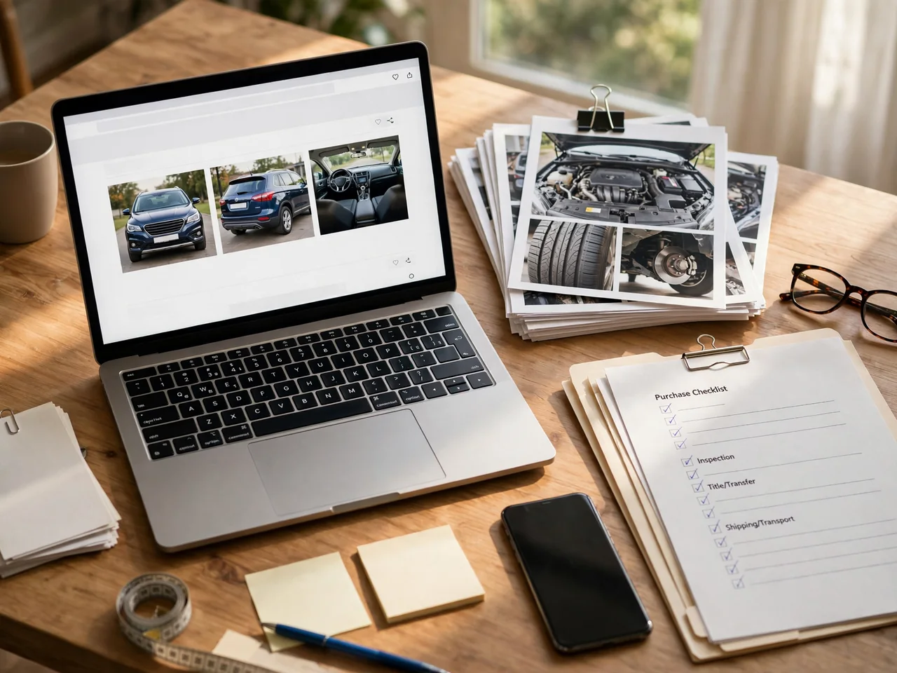 Buyer reviewing a used-car listing alongside inspection photos and vehicle paperwork on a desk
