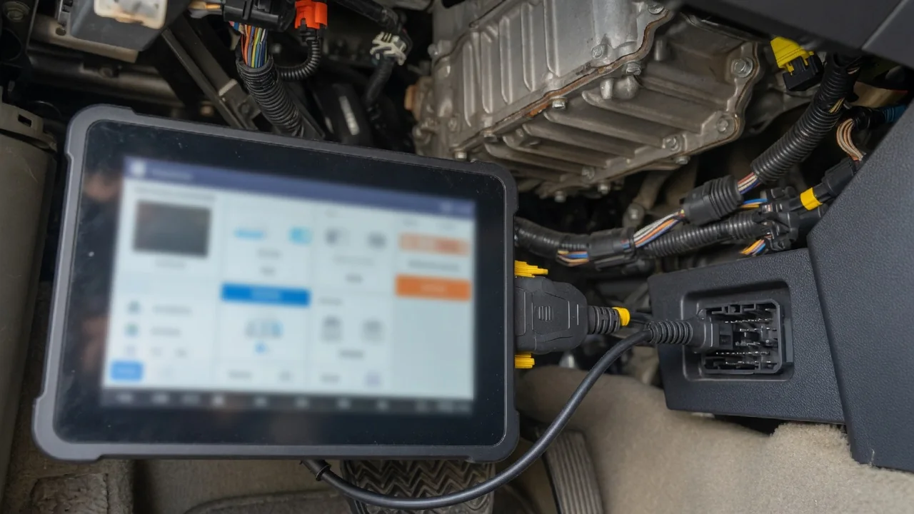 Scan tool plugged into a vehicle's diagnostic port, with the transfer case wiring shown in the background