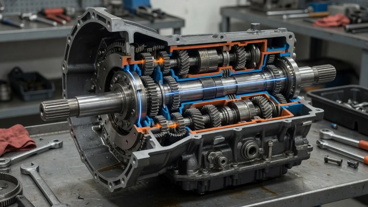 Automatic transmission cutaway with input and output shafts and forward and reverse gear paths highlighted