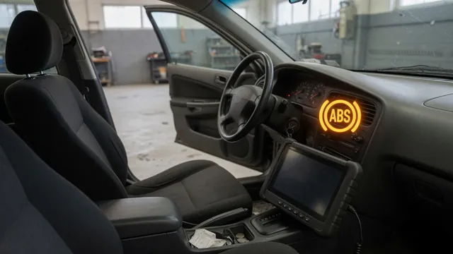 An ABS warning light on a dashboard with a diagnostic scanner connected inside a parked car