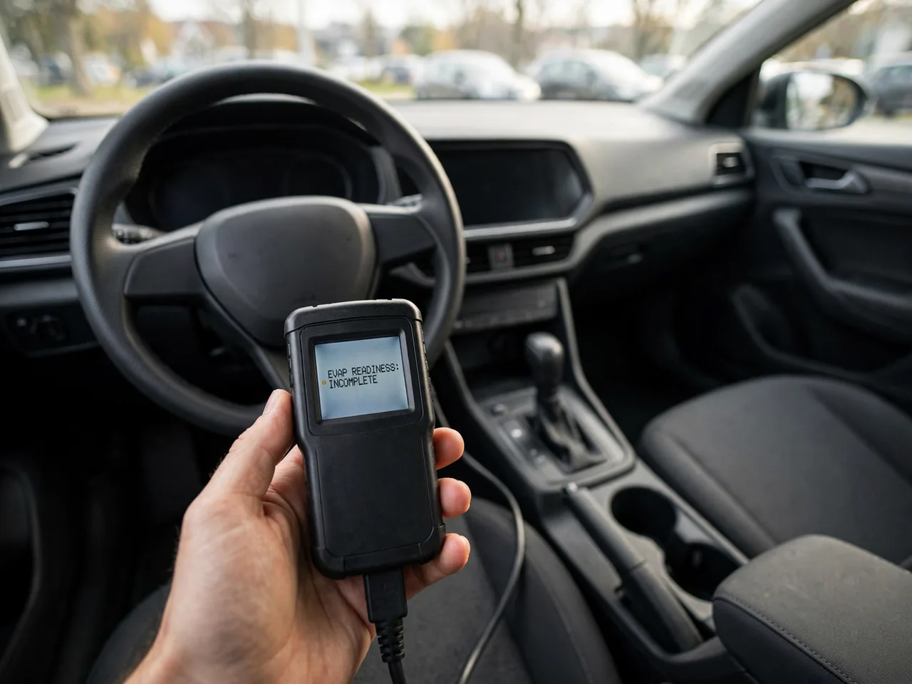 OBD-II scan tool displaying an incomplete EVAP readiness monitor inside a parked vehicle