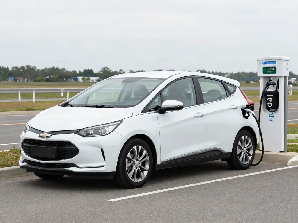 Chevrolet Bolt EV parked beside a public charging station with an open road in the background