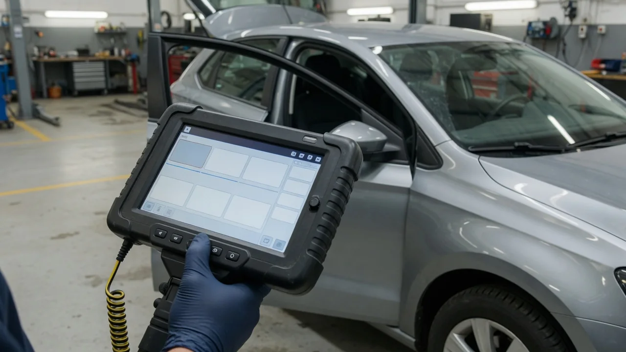 Diagnostic scan tool showing P1451 beside a parked vehicle in an automotive service bay