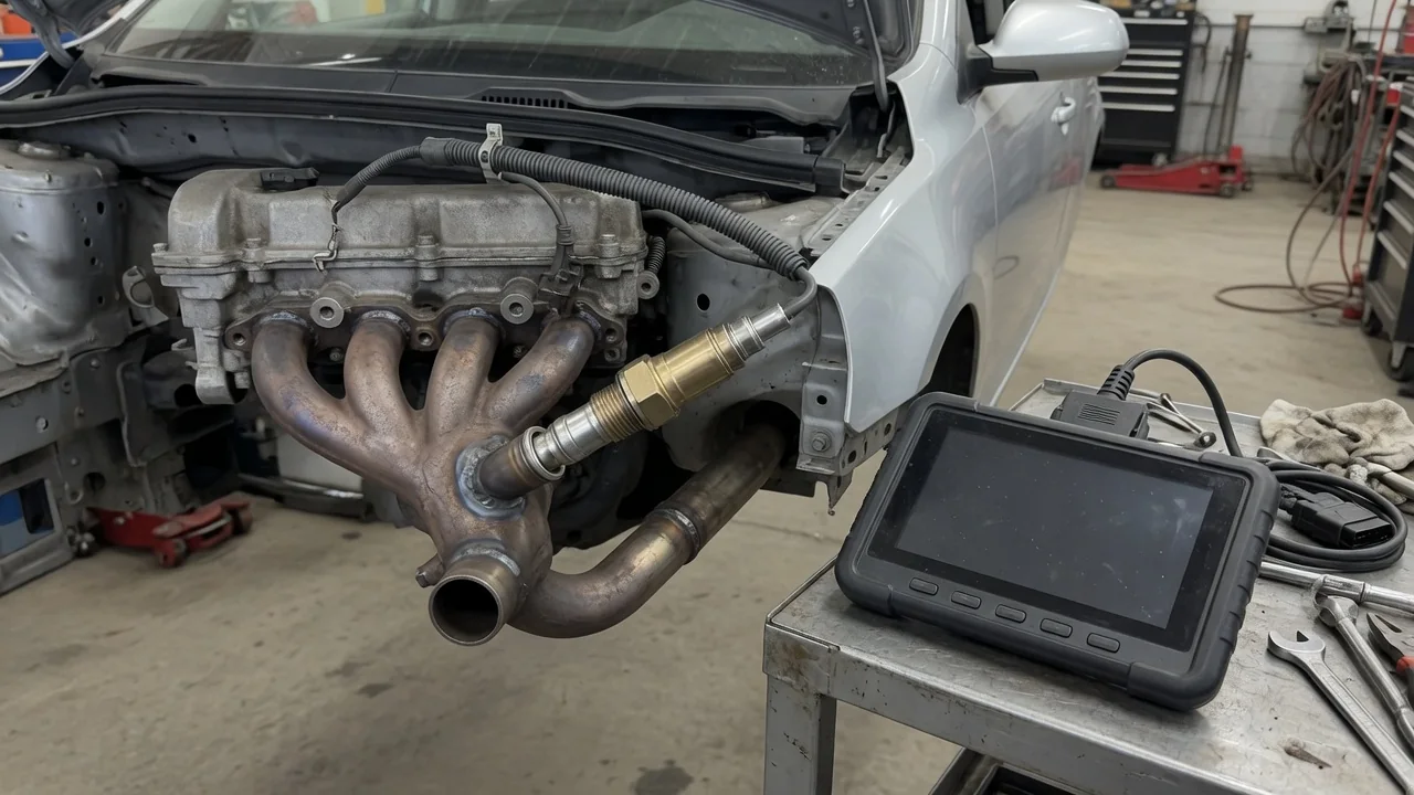 Illustration of an upstream oxygen sensor in an exhaust manifold with a diagnostic scanner nearby