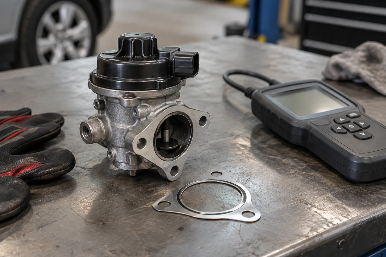 A generic EGR valve with a new gasket on a workbench next to an OBD-II scan tool