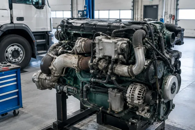 Heavy-duty diesel engine with an EGR valve assembly visible in a clean service bay