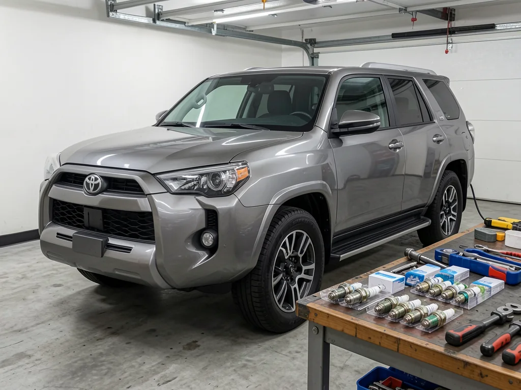 Spark plugs and ignition service tools arranged beside a Toyota 4Runner in a garage