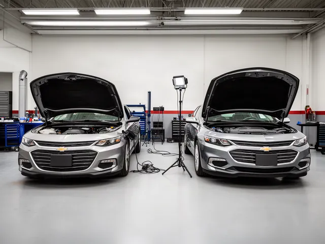 Chevy Malibu and Impala parked in a workshop with their hoods open for PCV system inspection