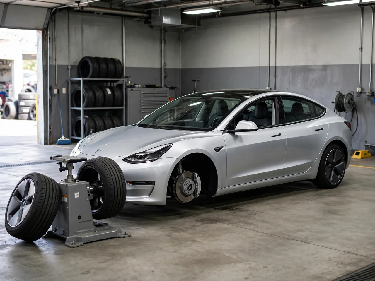 Tesla wheel beside tire balancing equipment in a professional service bay