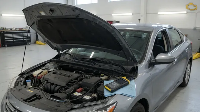Engine bay with a diagnostic scanner connected and a check engine symbol shown in an inset