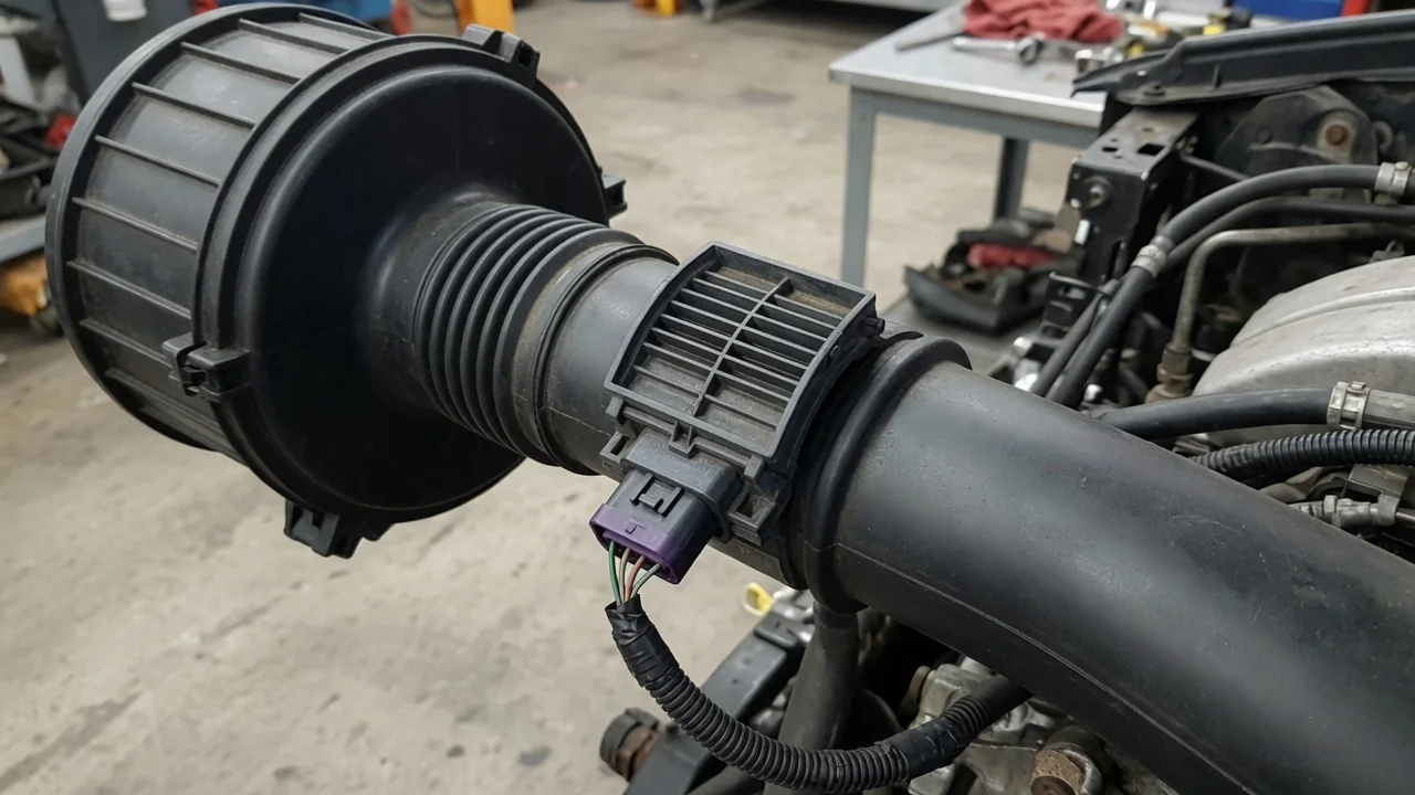 Illustration of a mass air flow sensor mounted in an automotive air intake duct