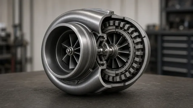 Illustration of a 6.0 Powerstroke turbocharger with variable geometry vanes visible in a cutaway