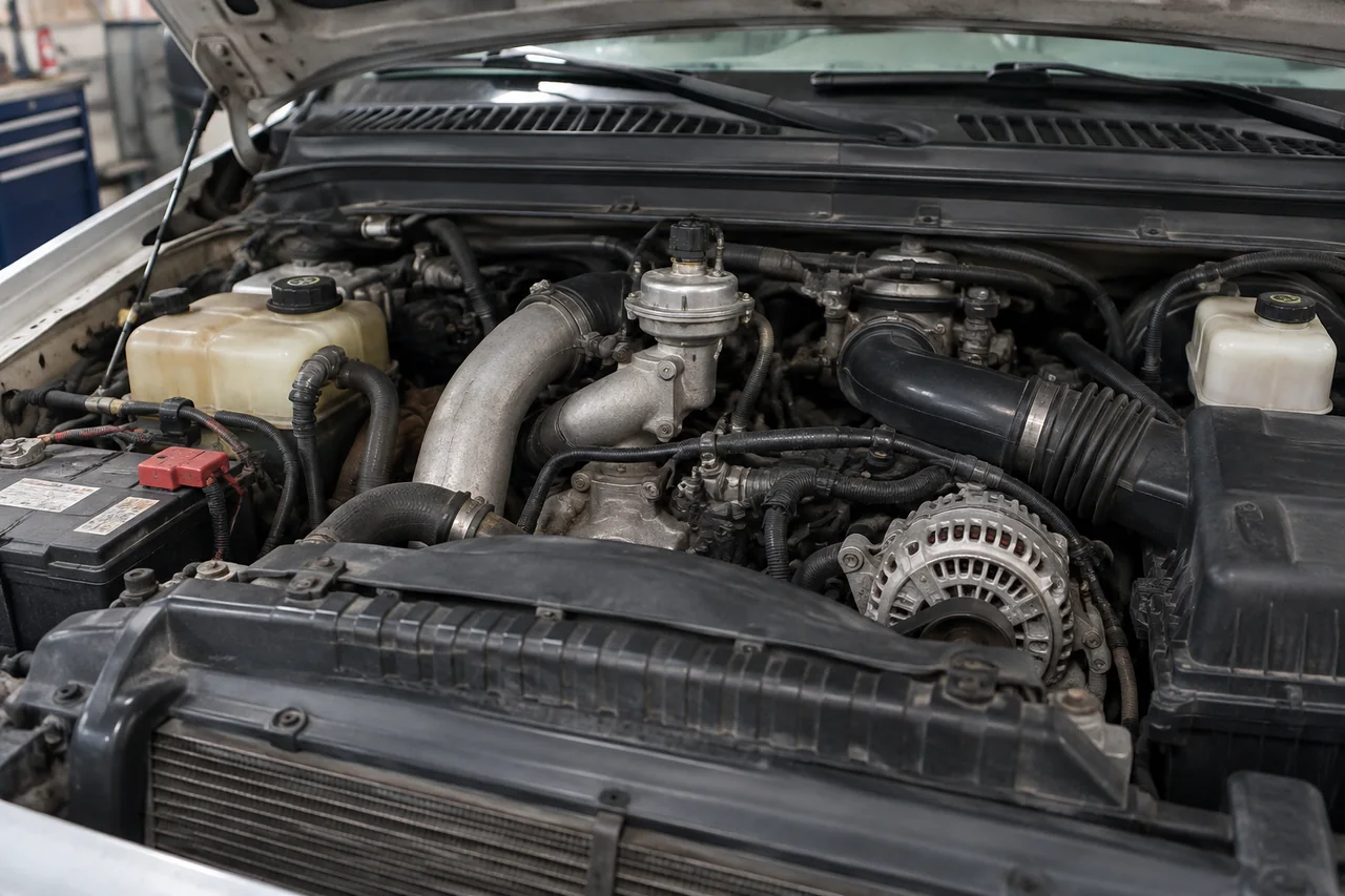 Ford 6.0 Power Stroke engine bay showing the EGR valve and surrounding intake components
