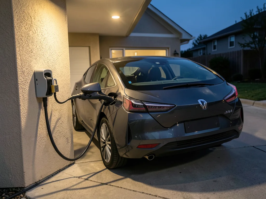 Electric car charging in a lit driveway with the charging cable secured by a padlock on the wall charger holster