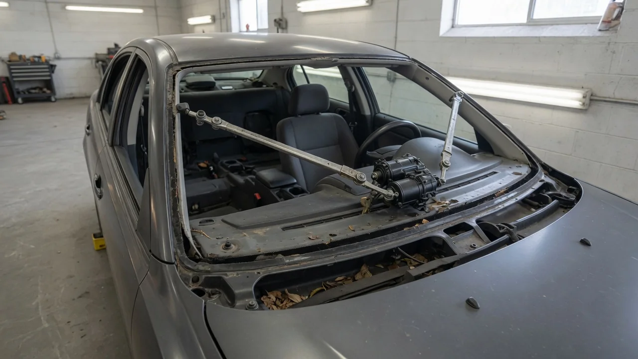 Windshield wiper motor and linkage beneath a removed cowl panel on a parked car