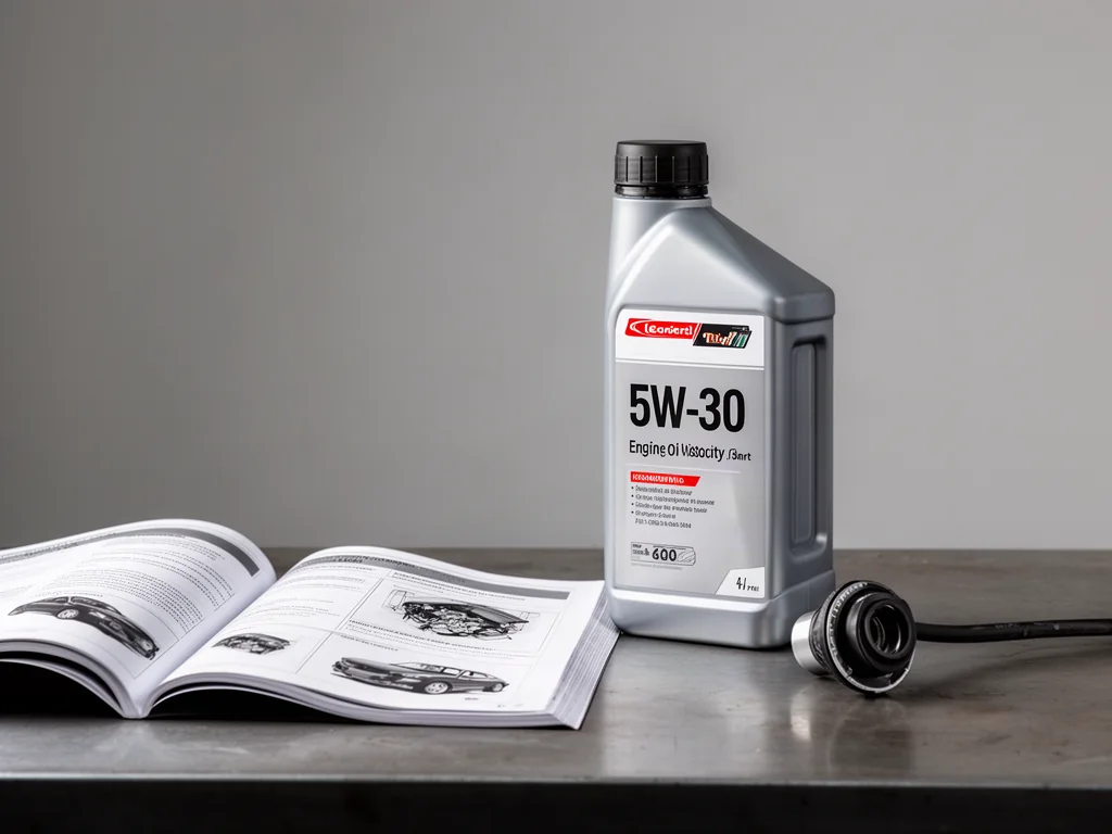Bottle of 5W-30 engine oil beside an open owner's manual and oil filler cap on a workshop bench