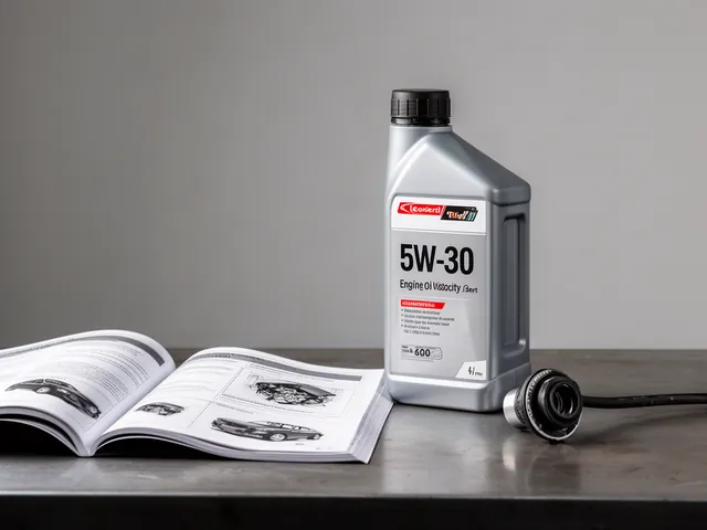 Bottle of 5W-30 engine oil beside an open owner's manual and oil filler cap on a workshop bench