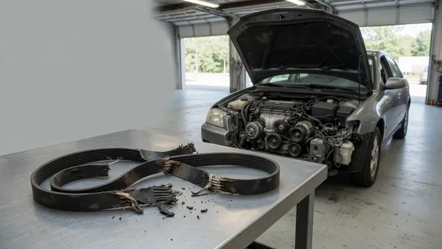Frayed serpentine belt resting beside a parked car with its engine off