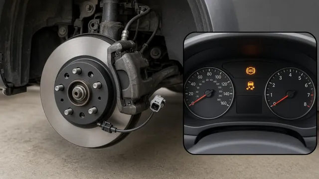 Front brake assembly with a new rotor and a wheel speed sensor cable, next to a dashboard showing lit ABS and traction control warning lights