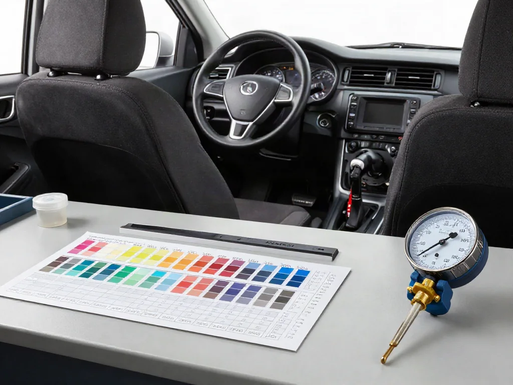 Coolant test strips, a refractometer, and a hydrometer arranged on a clean automotive workbench