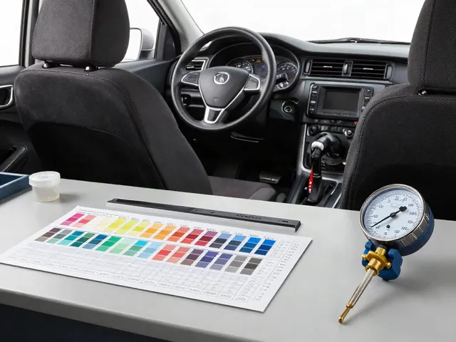 Coolant test strips, a refractometer, and a hydrometer arranged on a clean automotive workbench