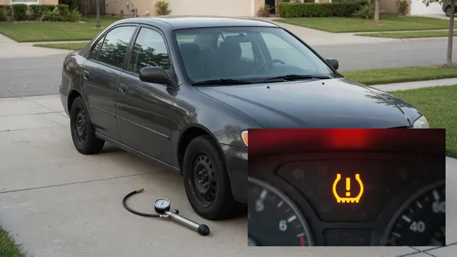 Chevy Spark tire pressure warning light and a tire pressure gauge beside a parked car