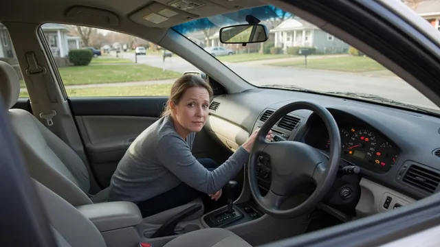 Driver observing an illuminated dashboard in a parked car that will not start