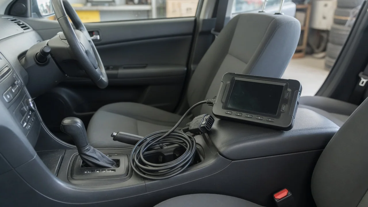 Diagnostic scanner beside a vehicle gear selector during a parked inspection