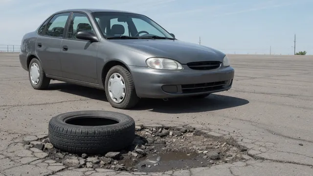 Parked car with an uneven stance and visible tire wear beside a damaged road surface