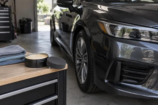 Car wax applicator and microfiber towels beside a clean, glossy painted car panel