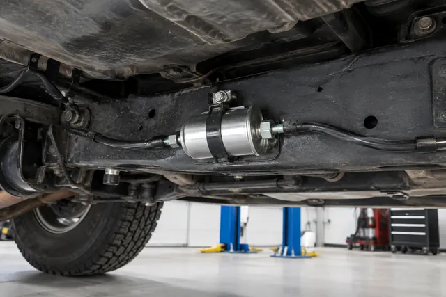 Illustration of an external fuel filter mounted along a Ford Ranger truck frame