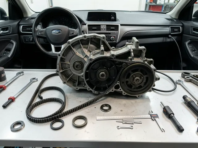 Disassembled CVT transmission with pulleys, belt, seals, and measuring tools on a clean workbench