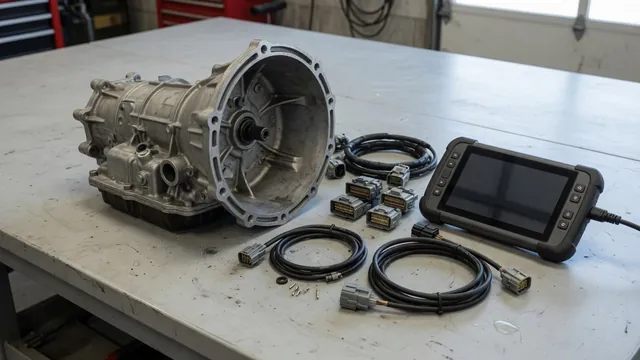 Transmission housing beside a diagnostic scanner showing pressure control solenoid F trouble codes