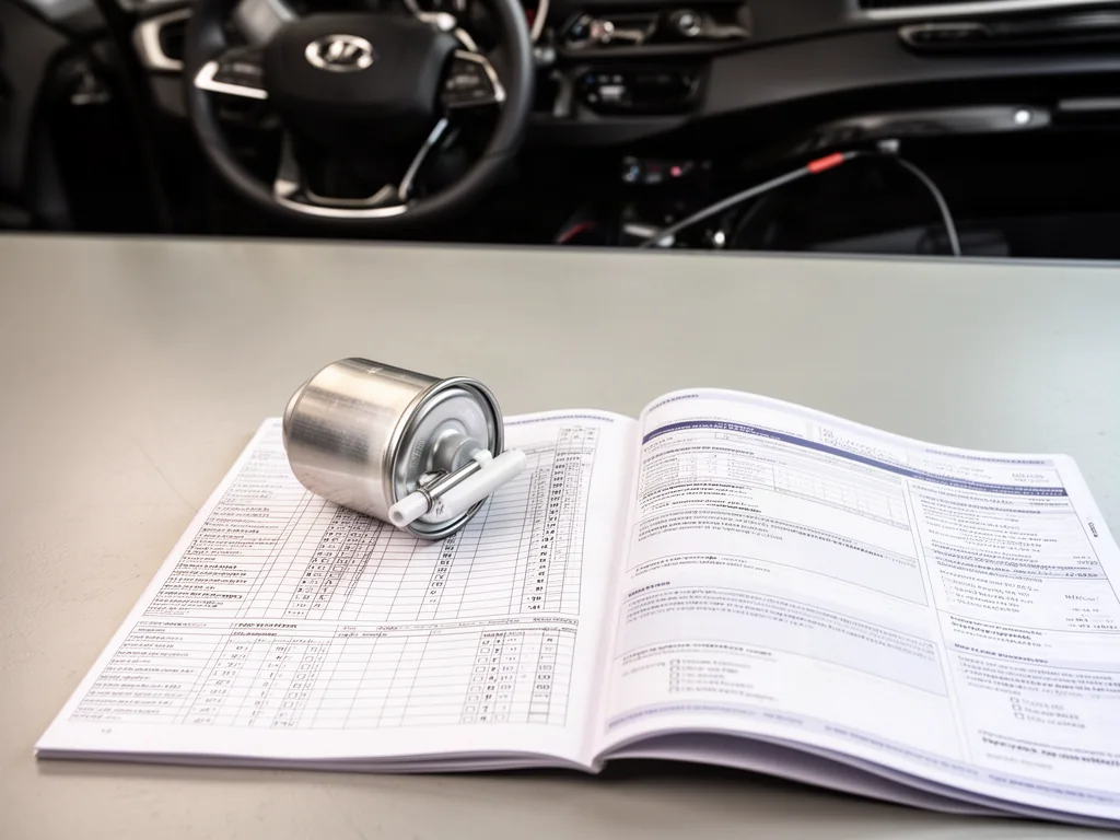 Fuel filter beside a vehicle maintenance booklet and a mileage log on a clean workbench