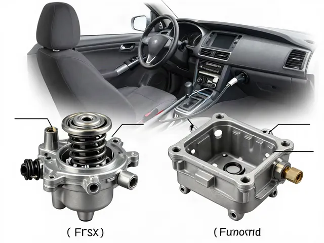Car thermostat beside its housing, with the spring, sensing element, and bleed valve labeled