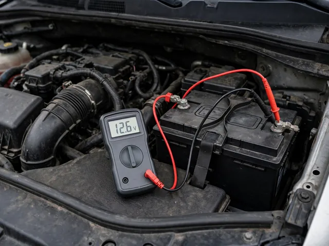 Digital multimeter displaying a resting voltage reading beside a car’s 12-volt battery