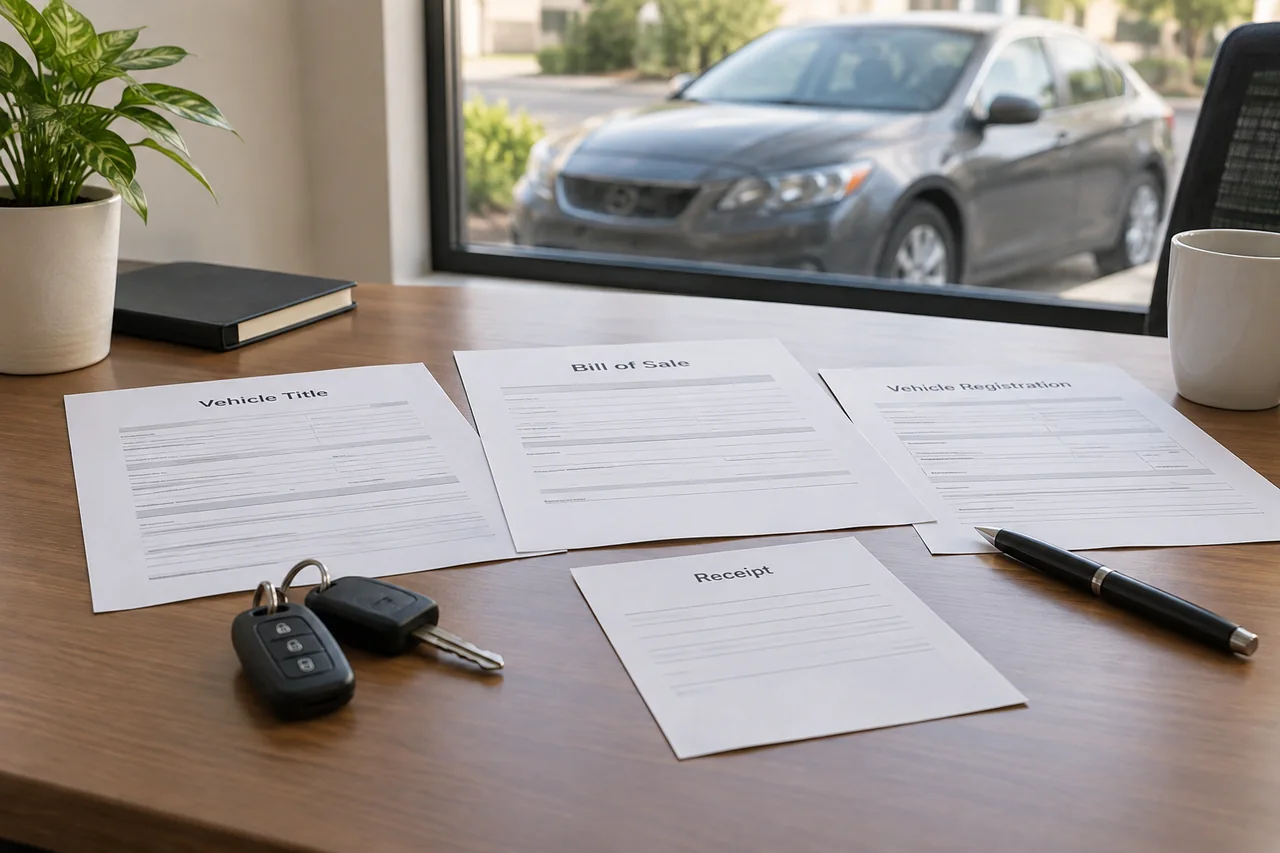 Used car purchase documents arranged on a desk with car keys and a pen