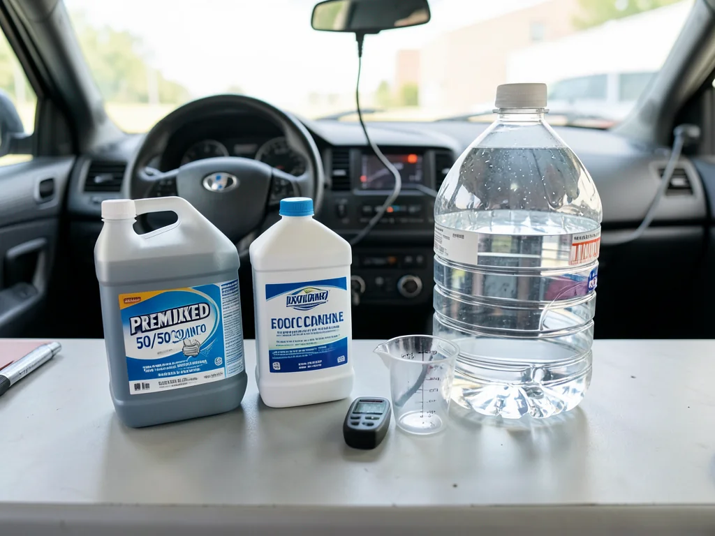 Concentrated antifreeze, premixed 50/50 coolant, and distilled water jugs on a workbench with a coolant tester
