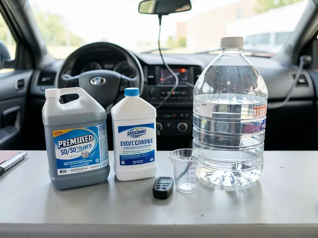 Concentrated antifreeze, premixed 50/50 coolant, and distilled water jugs on a workbench with a coolant tester