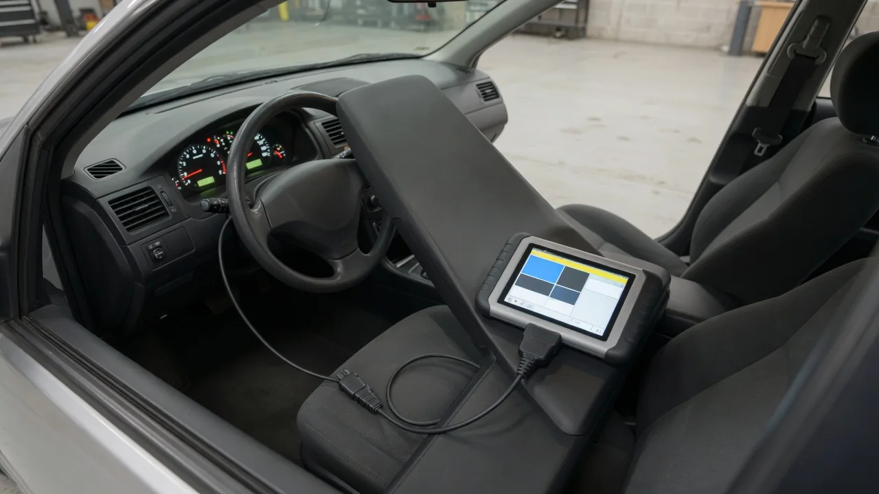 Diagnostic scanner beside a vehicle dashboard displaying a U0401 trouble code