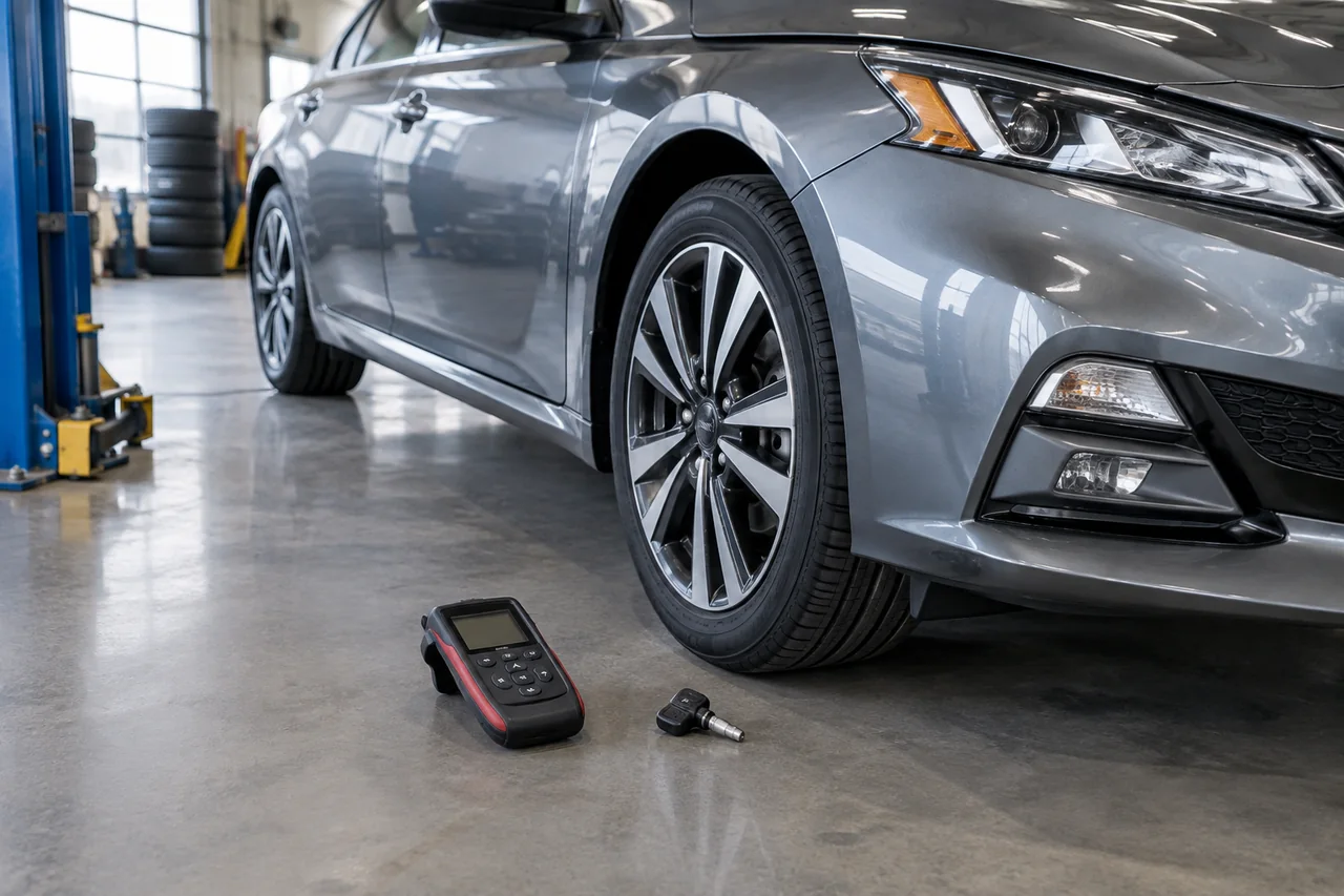 Nissan Altima wheel with a TPMS sensor and handheld diagnostic tool nearby
