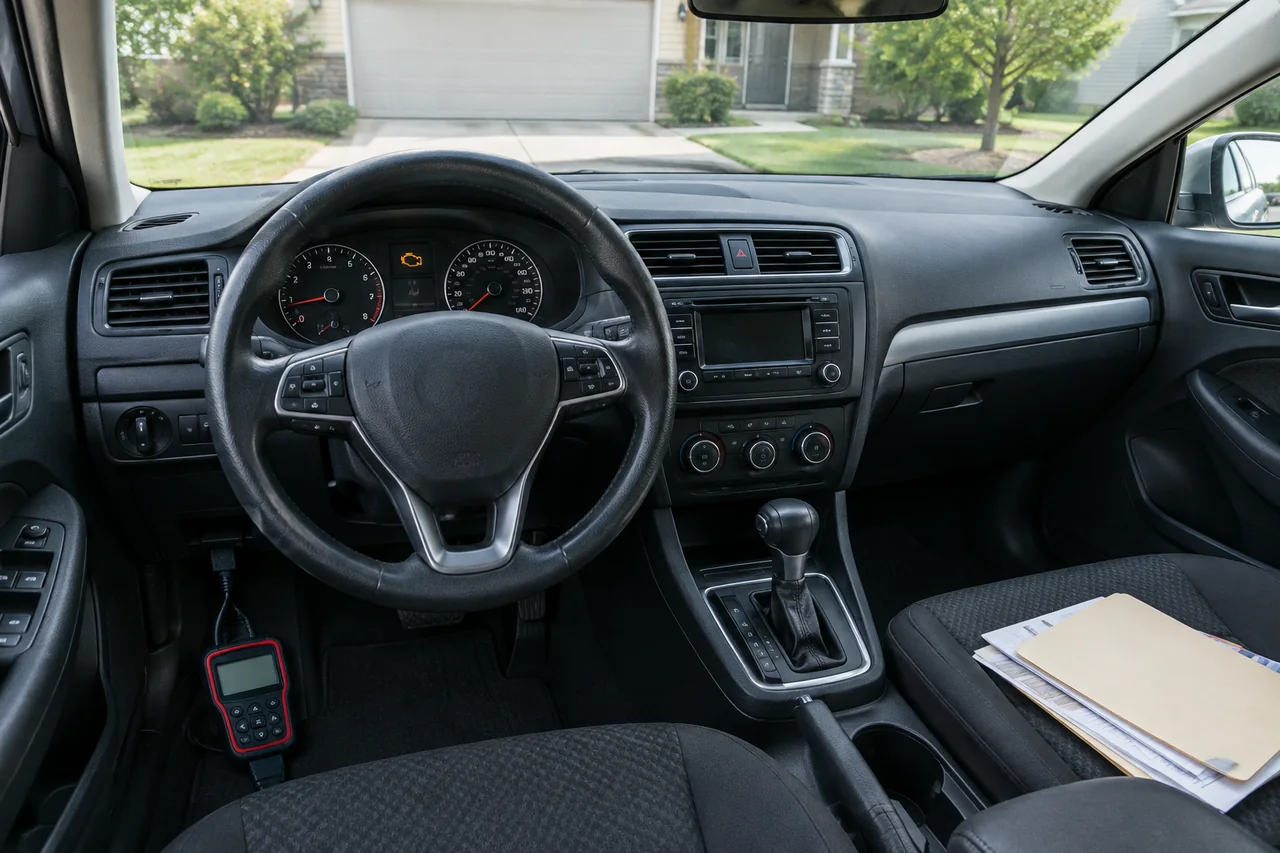 Dashboard of a newly bought used car with the check engine light on and an OBD-II scanner plugged in
