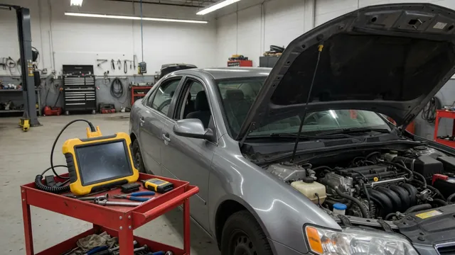 Diagnostic scanner displaying P1415 beside a vehicle with its hood open