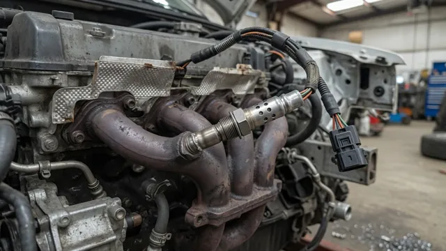 Illustration of an upstream oxygen sensor and its electrical connector near an exhaust manifold