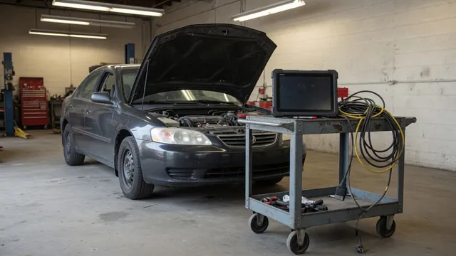Diagnostic scan tool beside a vehicle with its hood open in an automotive workshop