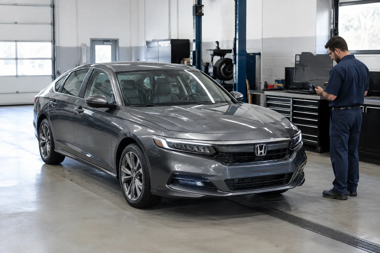 Honda Accord Hybrid parked in a service bay for a battery assessment
