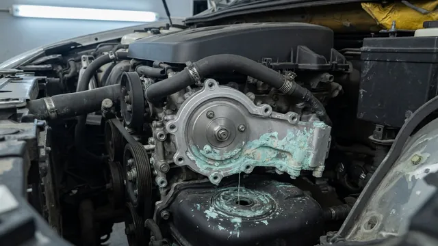 Coolant residue around an engine water pump housing with the engine off and cool