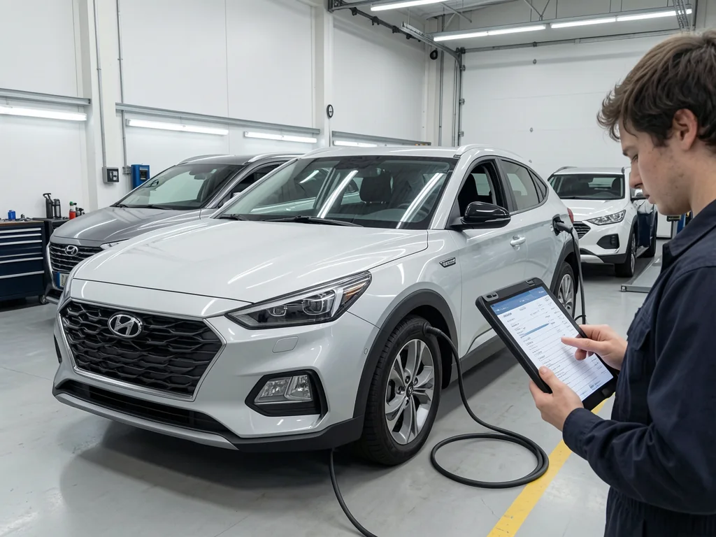 Hyundai and Kia hybrid vehicles parked in a service bay for battery assessment